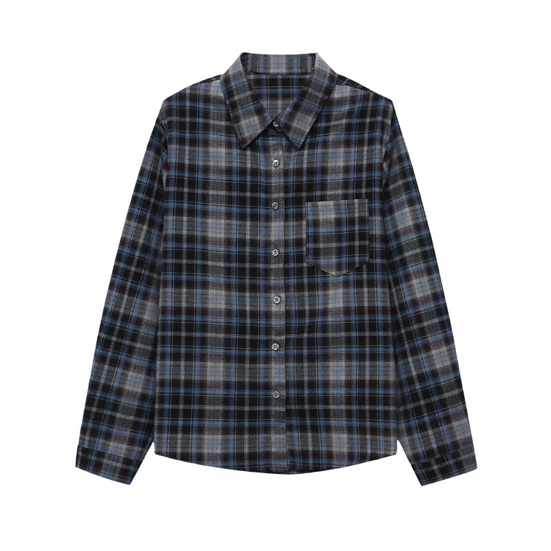 Damen Karierte Bluse Elegante Details Baumwolle Blau