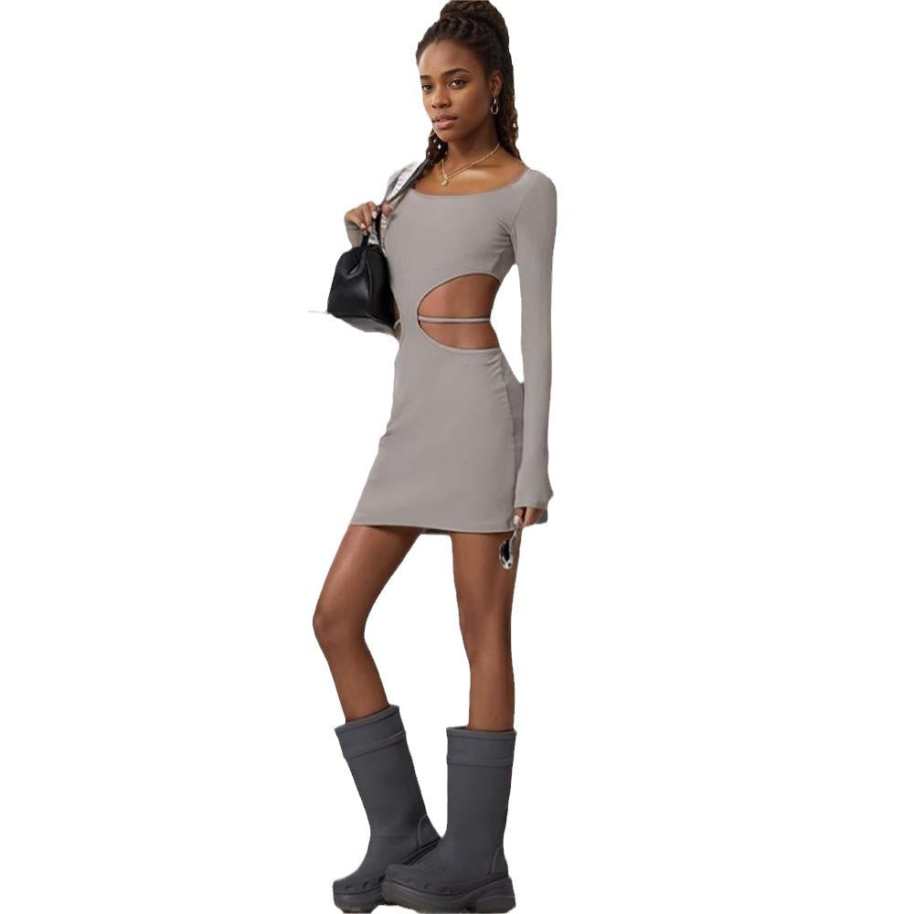 Damen Minikleid Cut-Out Länge Knie Langärmlig Figurbetonend