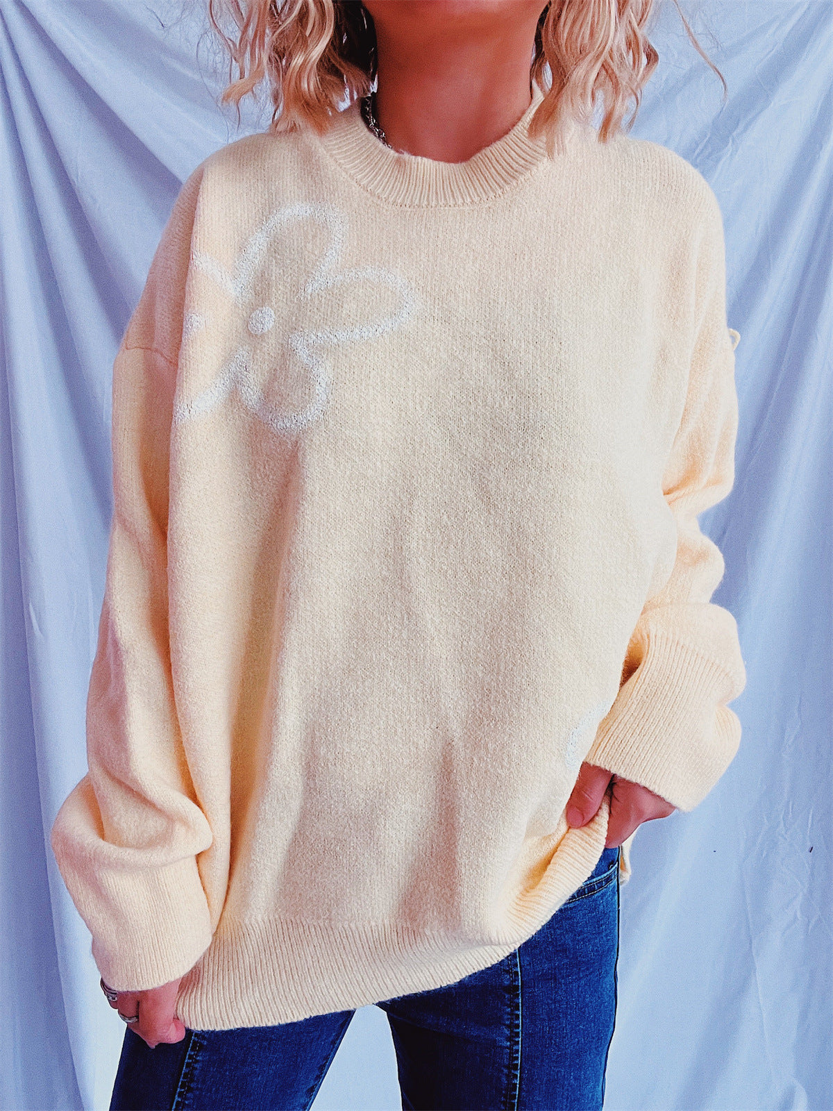 Damen Strickpullover Oversized Floralmuster Beige