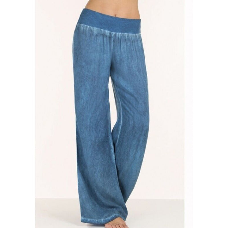 Damenweite Fließende Hose Elastischer Bund Denim-Look Blau