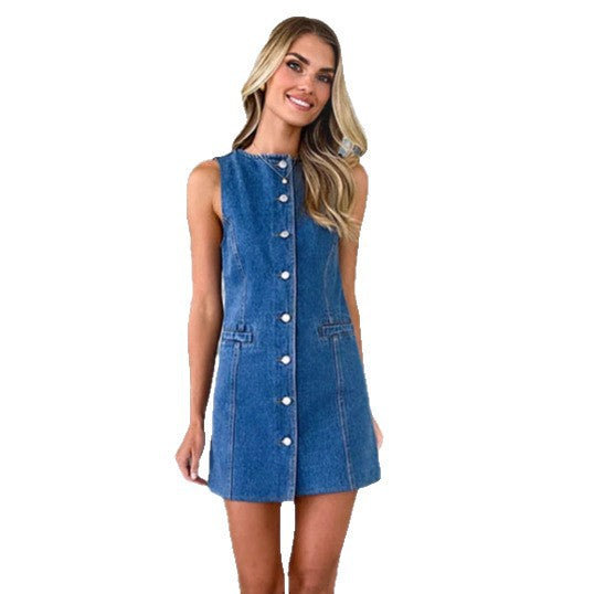Damen Jeanskleid Knopfverschluss Seitentaschen Blau Eveloria