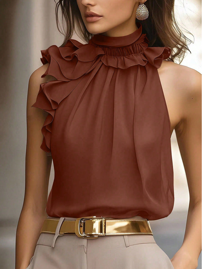 Damen Bluse Rüschendetails Hochgeschlossener Kragen Blau