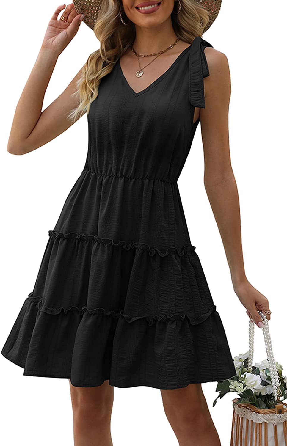 Damen Ärmelloses Sommerkleid Rüschen V-Ausschnitt Eveloria