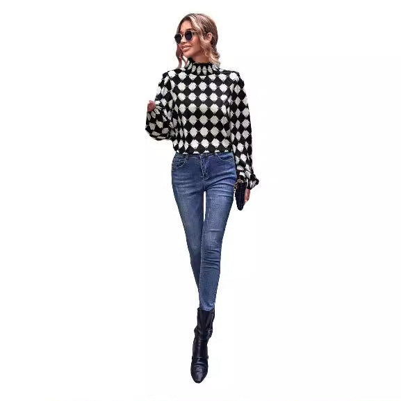 Damen Bluse Hochgeschlossener Kragen Grafisches Muster Eveloria