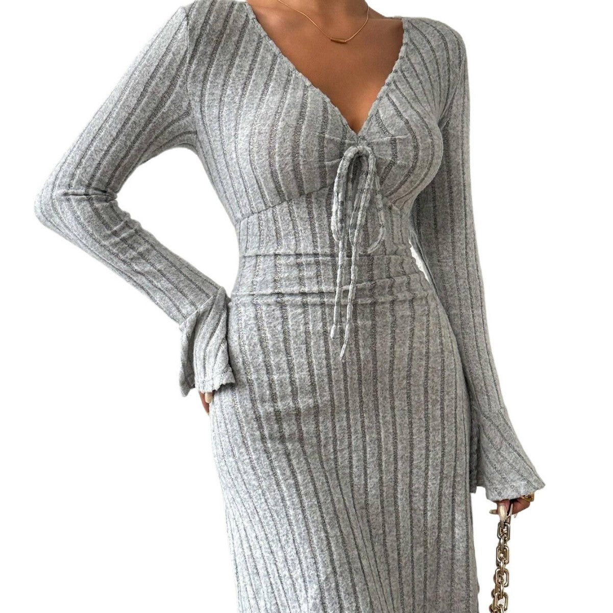 Damen Strickkleid V-Ausschnitt Bindebänder Eveloria