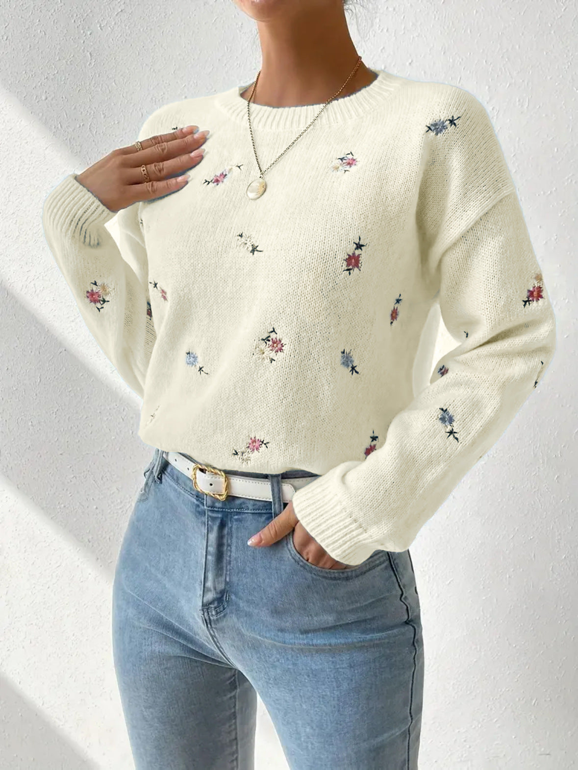 Damen Pulli Floral Stickerei Lässig Eveloria