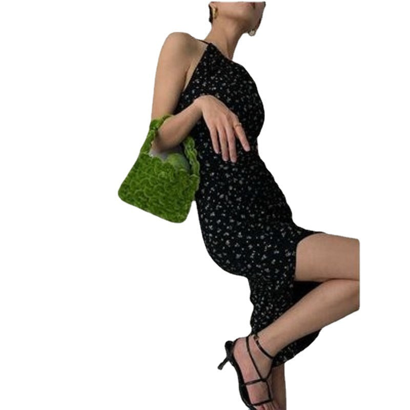 Damen Blumenkleid Tiefauschnitt Asymmetrisch