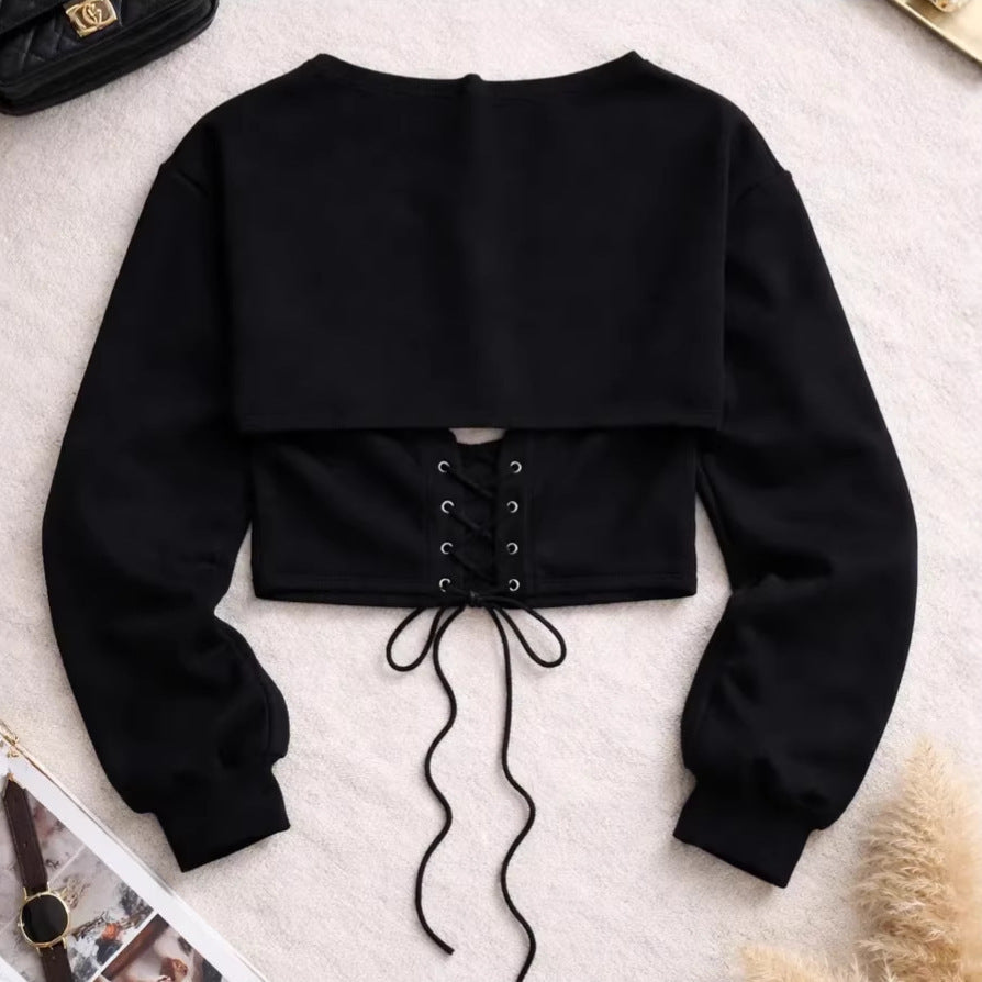 Damen Cropped Sweatshirt Schnürung Grau Eveloria