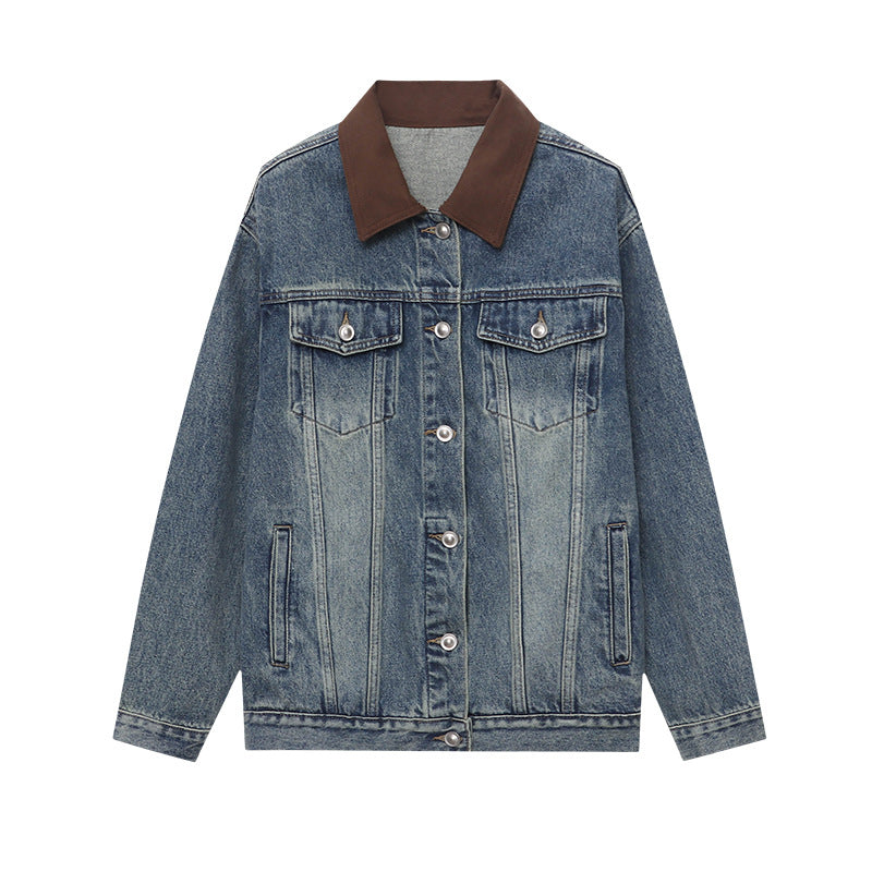 Damen Jeansjacke Lässiger Schnitt Kontrastkragen Blau