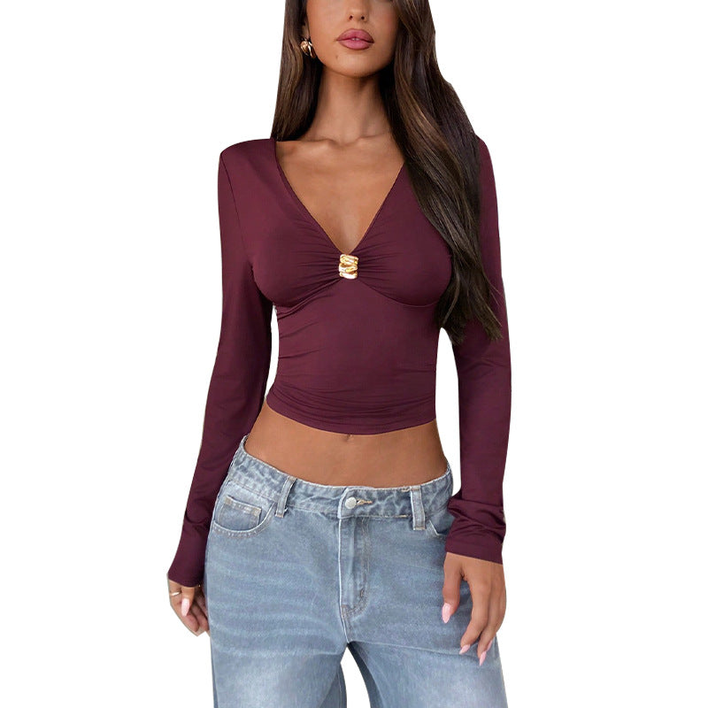 Damen Longsleeve Oberteil V-Ausschnitt Dunkelblau