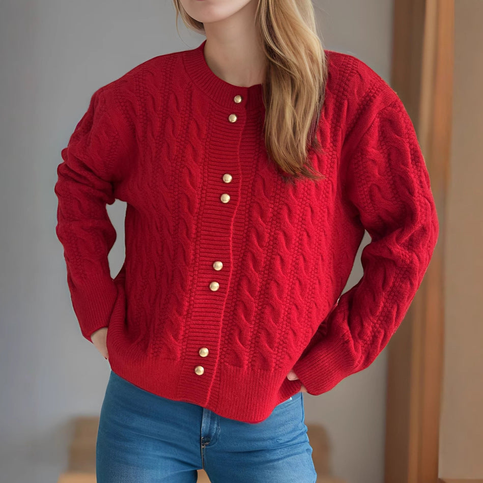Damen Strickjacke Zopfmuster Perlenknöpfe Eveloria