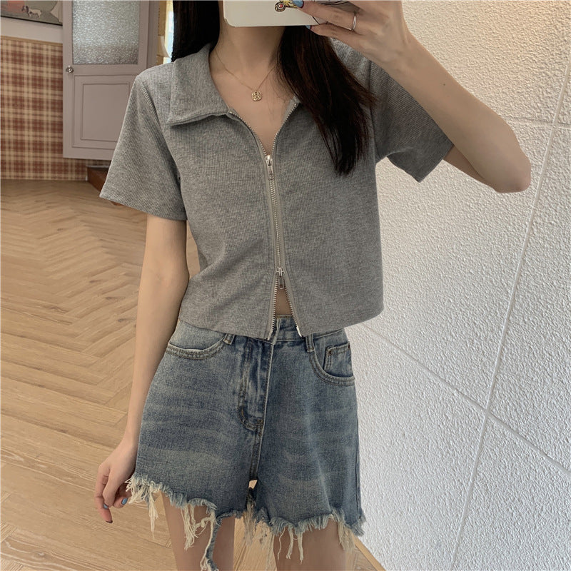 Damen Poloshirt Cropped Reißverschluss Strukturierter Stoff Eveloria