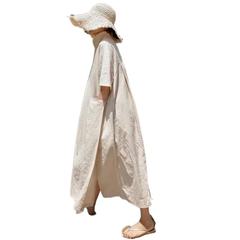 Damen Leinenkleid Langarm Wickelkleid mit Taillengürtel Beige