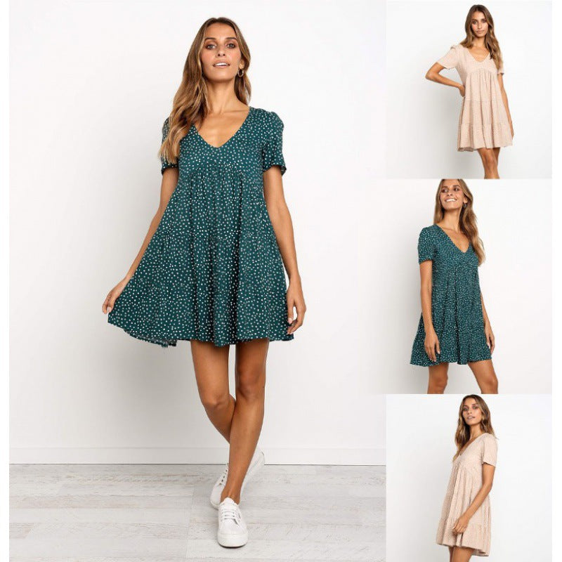 Damen Kurzarmkleid Baumwolle Voluminöser Rock