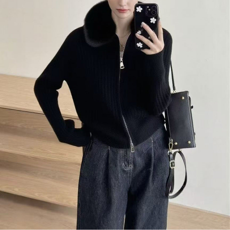 Damen Strickjacke Kunstfellkragen Rippstruktur