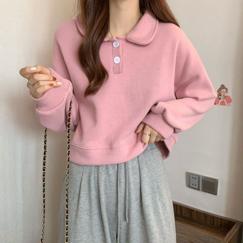 Damen Sweatshirt Kurzarm Modischer Kragen Dekorative Knöpfe