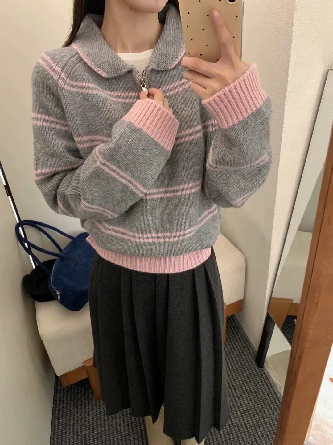 Damen Pullover Gemustert Stehkragen Kontrastdetails Eveloria