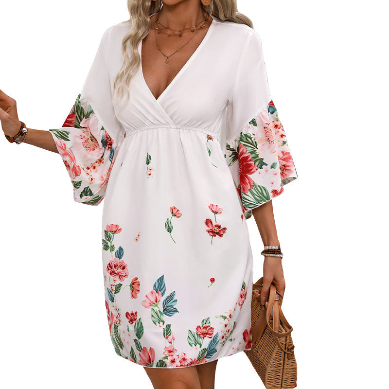 Damen Wickelkleid Luftig Rüschen Floralmuster Eveloria