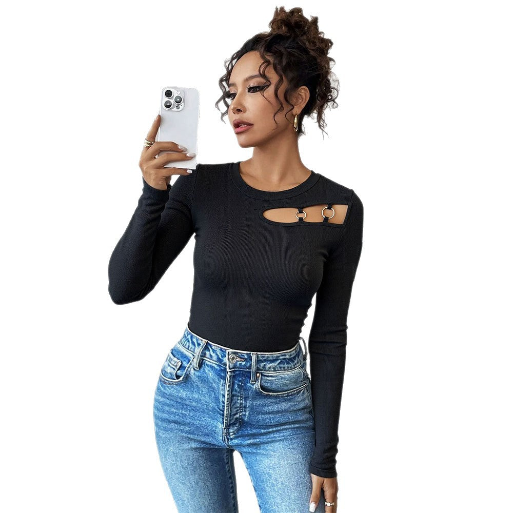 Damen Langarmshirt Asymmetrisch Cut-Out-Design Ringdetails