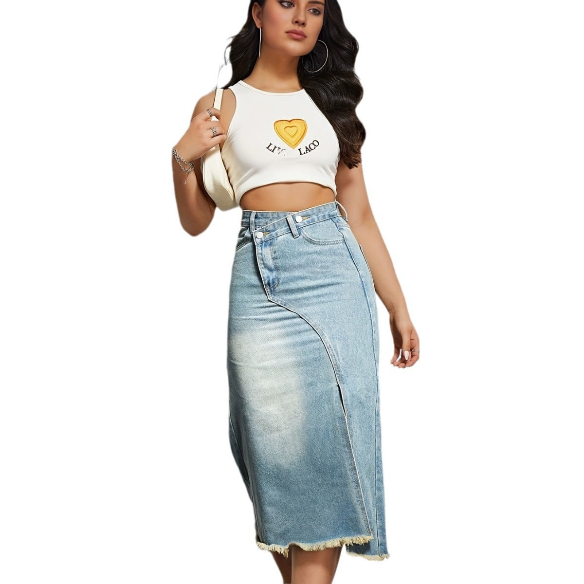 Damen Denim-Rock Asymmetrischer Schlitz Fransiger Saum Länglich