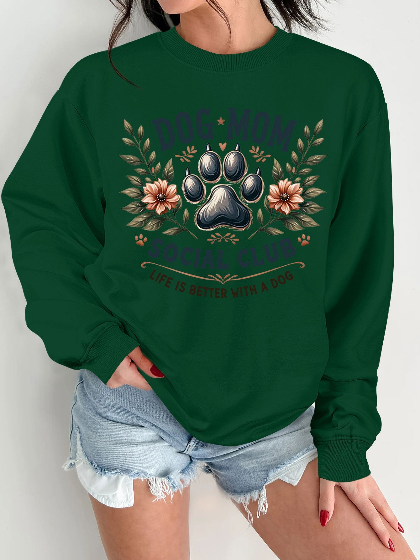 Damen Sweatshirt Hundemotiv Aufdruck Grau