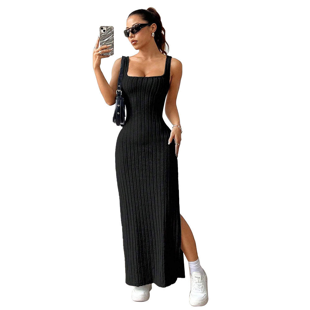 Damen Maxikleid Elegantes Rib-Muster Seitlicher Schlitz