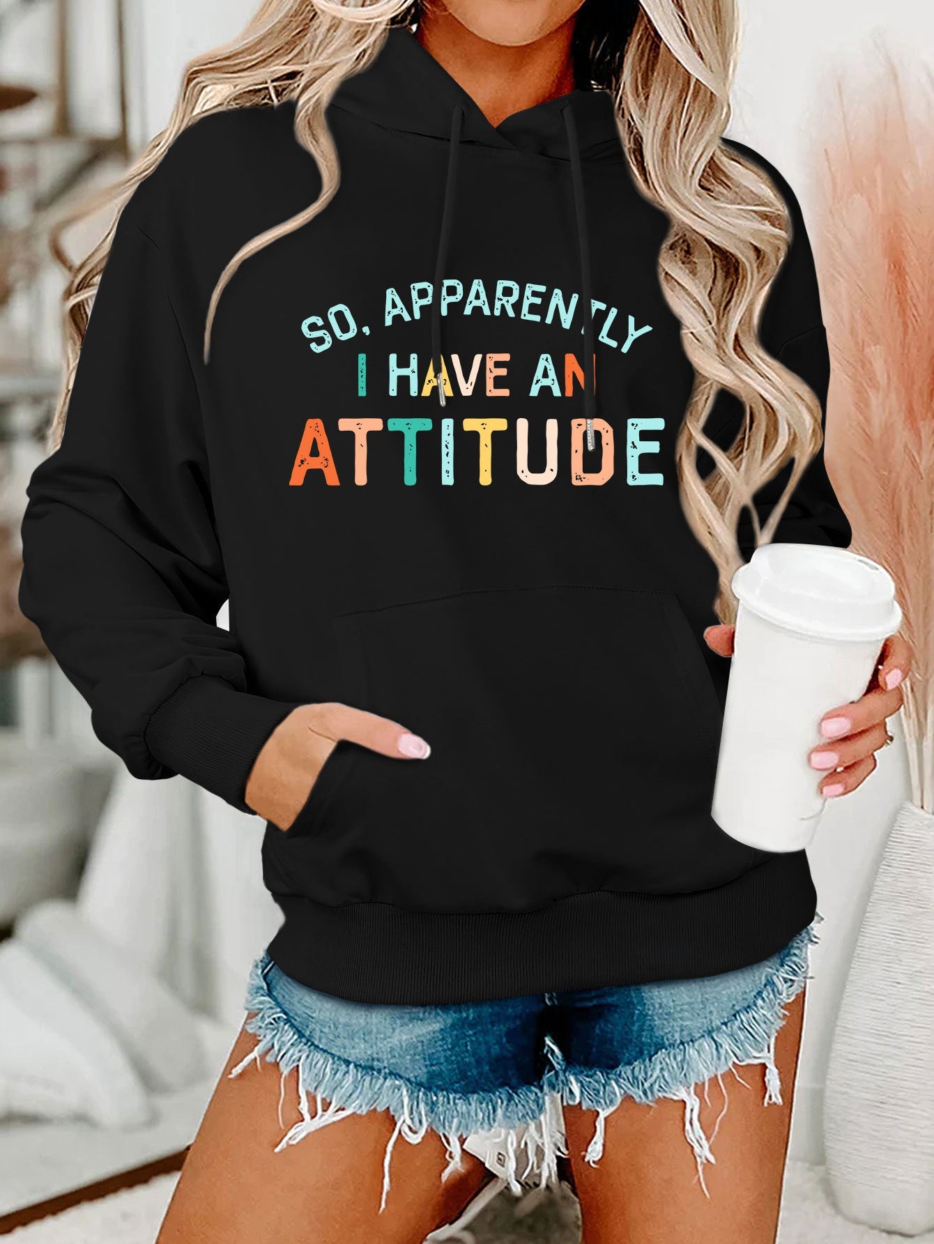 Damen Kapuzenpullover Lässig Mit Schriftzug Grau Eveloria