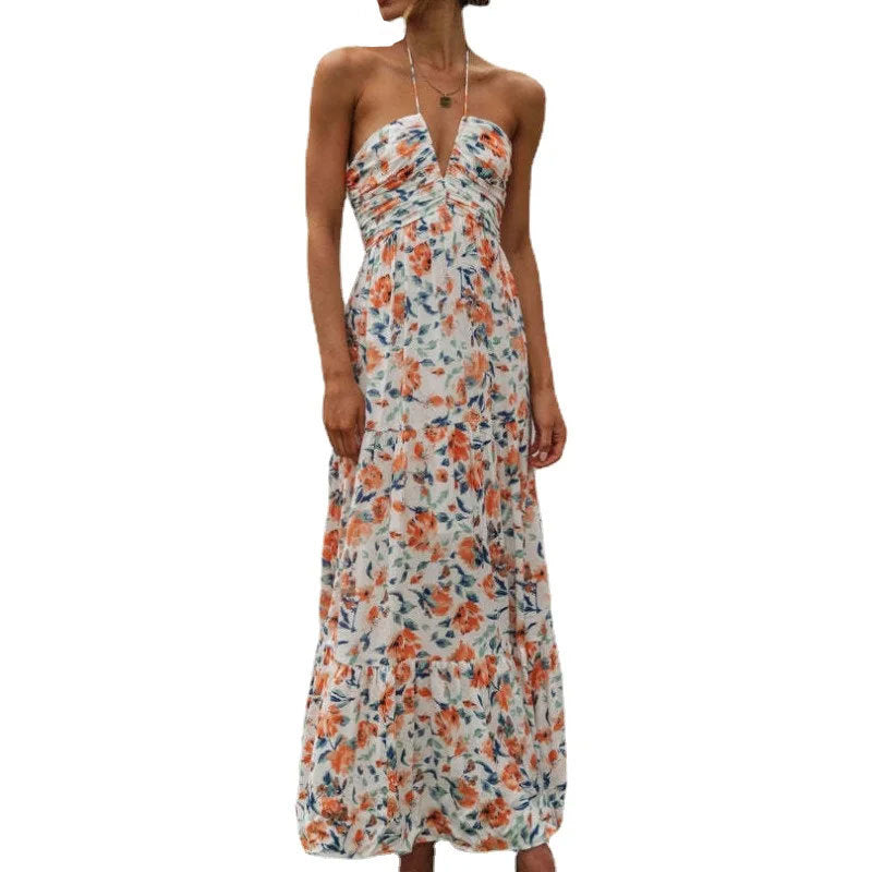 Damen Maxikleid V-Ausschnitt Raffung Romantik