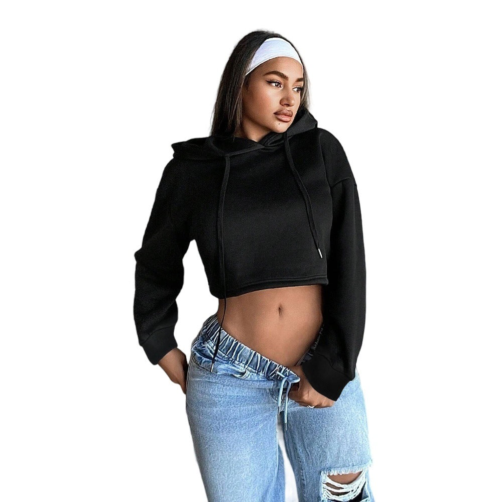 Damen Cropped Sweatshirt Locker Kapuze Grau Eveloria