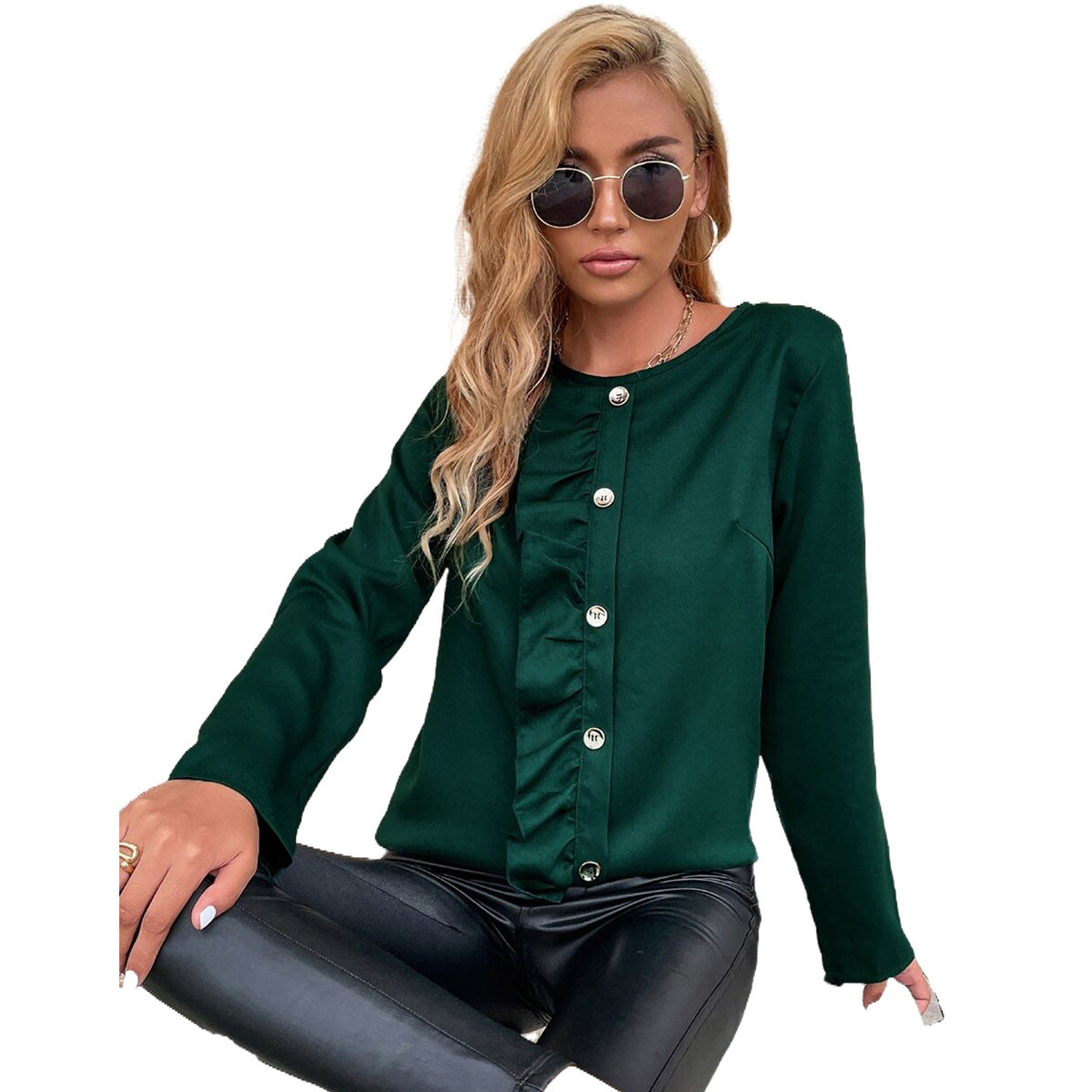 Damen Blusenshirt Rüschendetails Knopfverzierung Eveloria