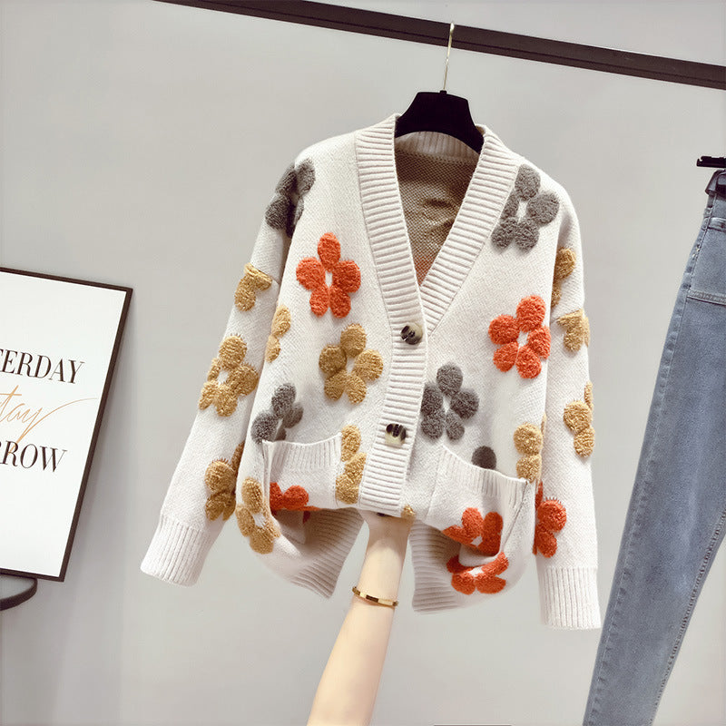 Damen Strickjacke Floralmuster Offen Vorne Eveloria