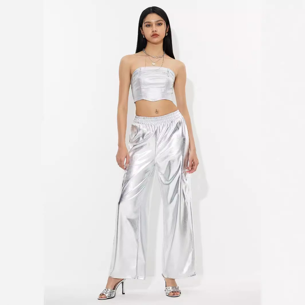 Damen Cargo-Hosen Metallic-Look Elastischer Bund Glänzend