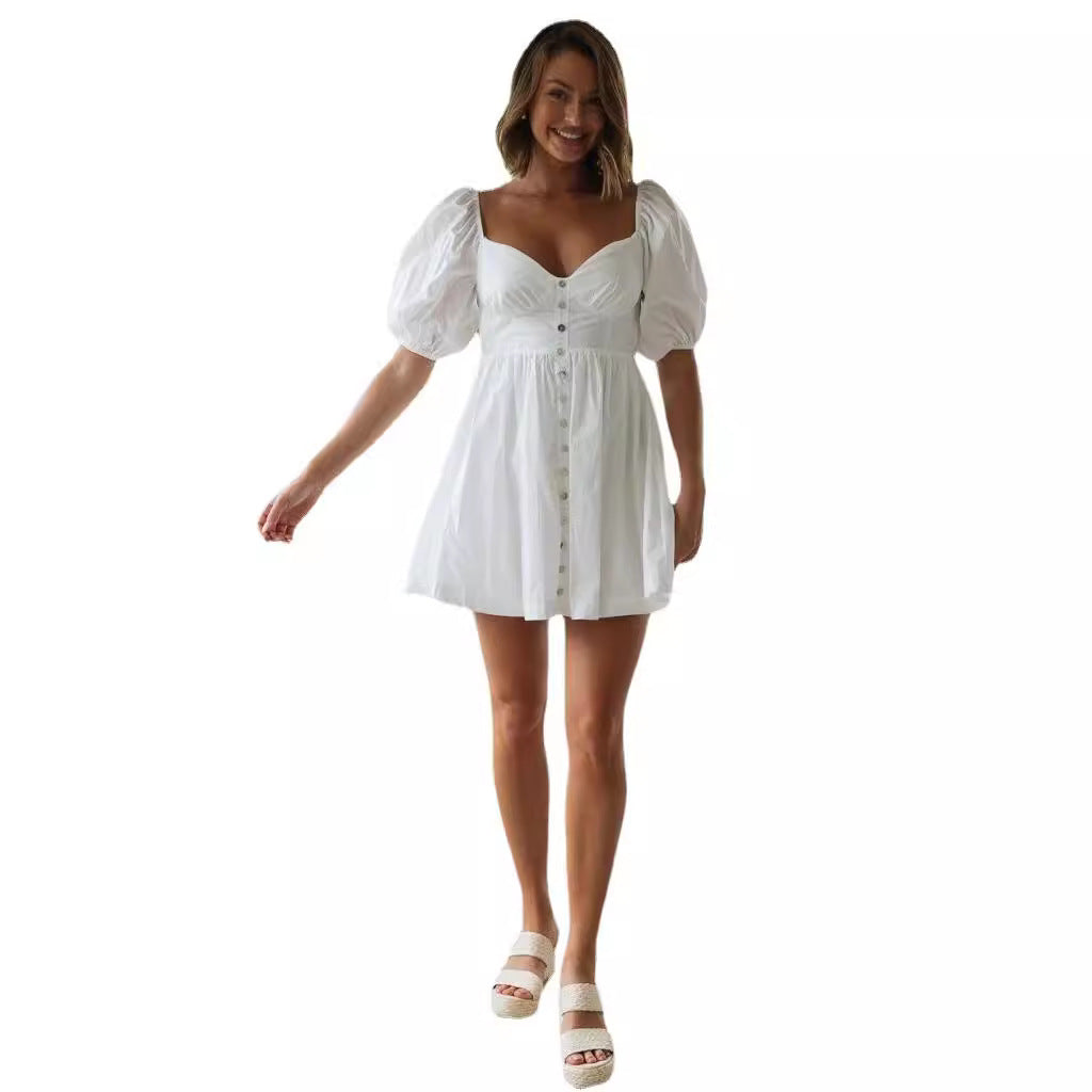 Damen Sommerkleid Skandinavisches Design Puffärmel Blümchenweiß