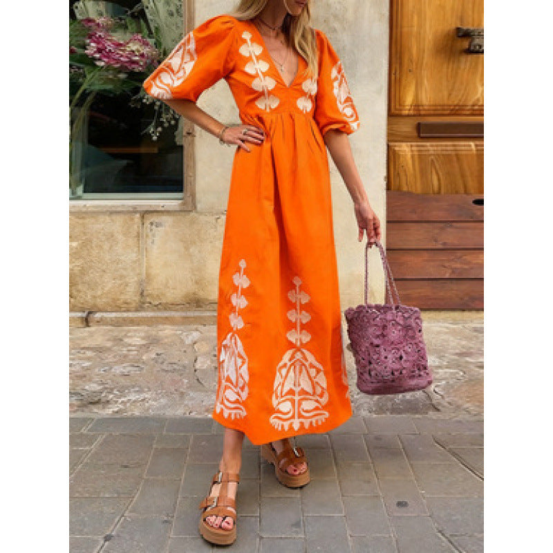 Damen Midikleid Florales Stickdesign Luftige Puffärmel
