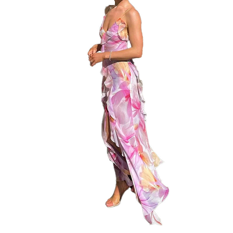 Damen Maxikleid Florale Rüschen Elegantem Schlitz
