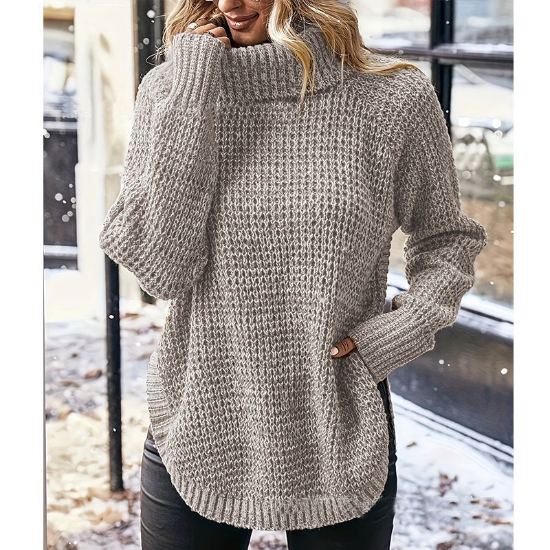 Damen Grobstrickpullover Hochkragen Mit Taschen Beige