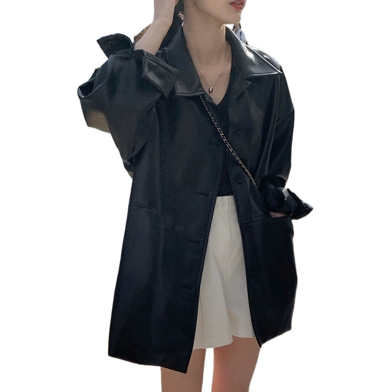 Damen Longjacke Kunstleder Praktische Taschen