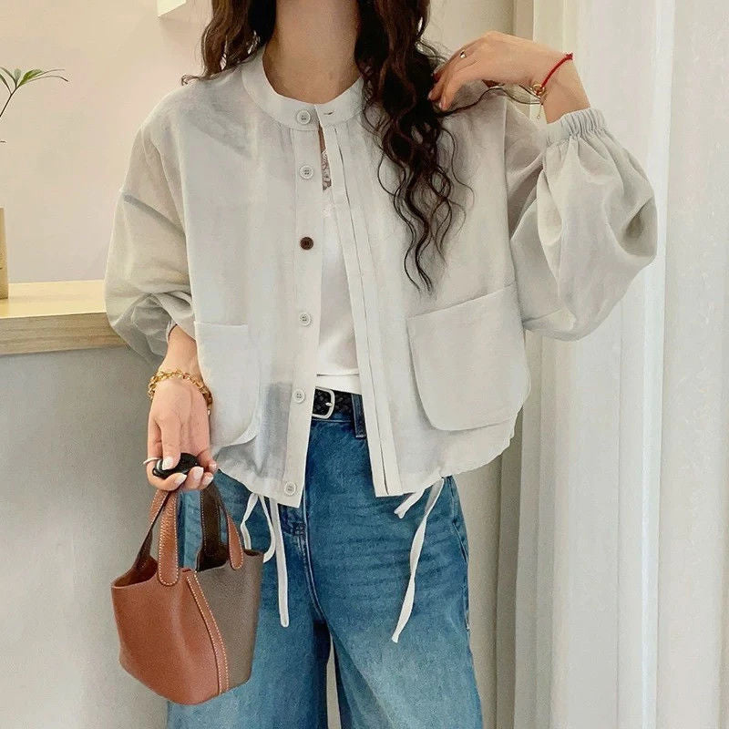 Damen Kurzarmjacke mit Taschen und Kordelzug Eveloria