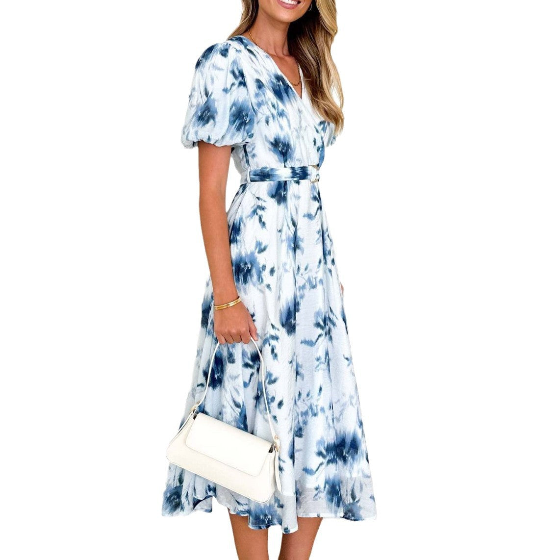 Damen Midi-Kleid Wickeldesign Blumenmuster