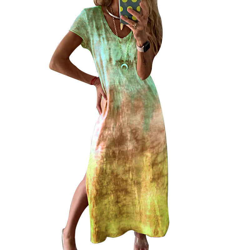 Damen Maxikleid Langarm V-Ausschnitt Tie-Dye