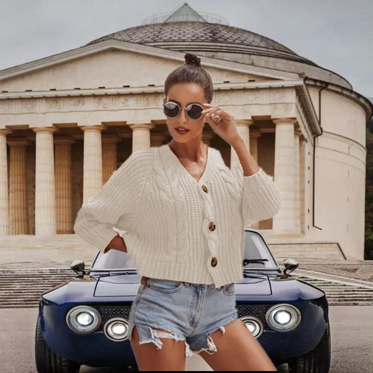Damen Grobstrick-Cardigan Lässig Knöpfe Beige