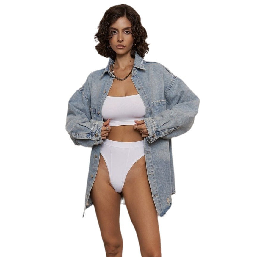Damen Jeansjacke Distressed Look Blau Eveloria