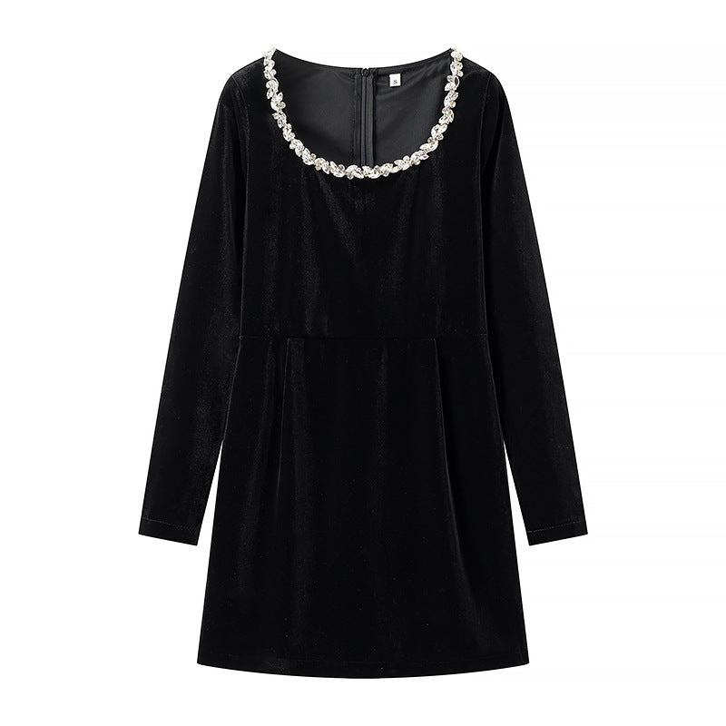 Damen Velourskleid Eleganter Schmuckkragen