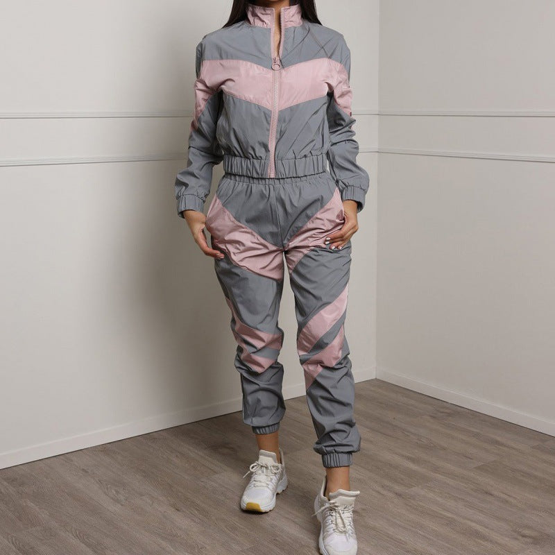 Damen Sportanzug Elastischer Bund Farbblockdesign