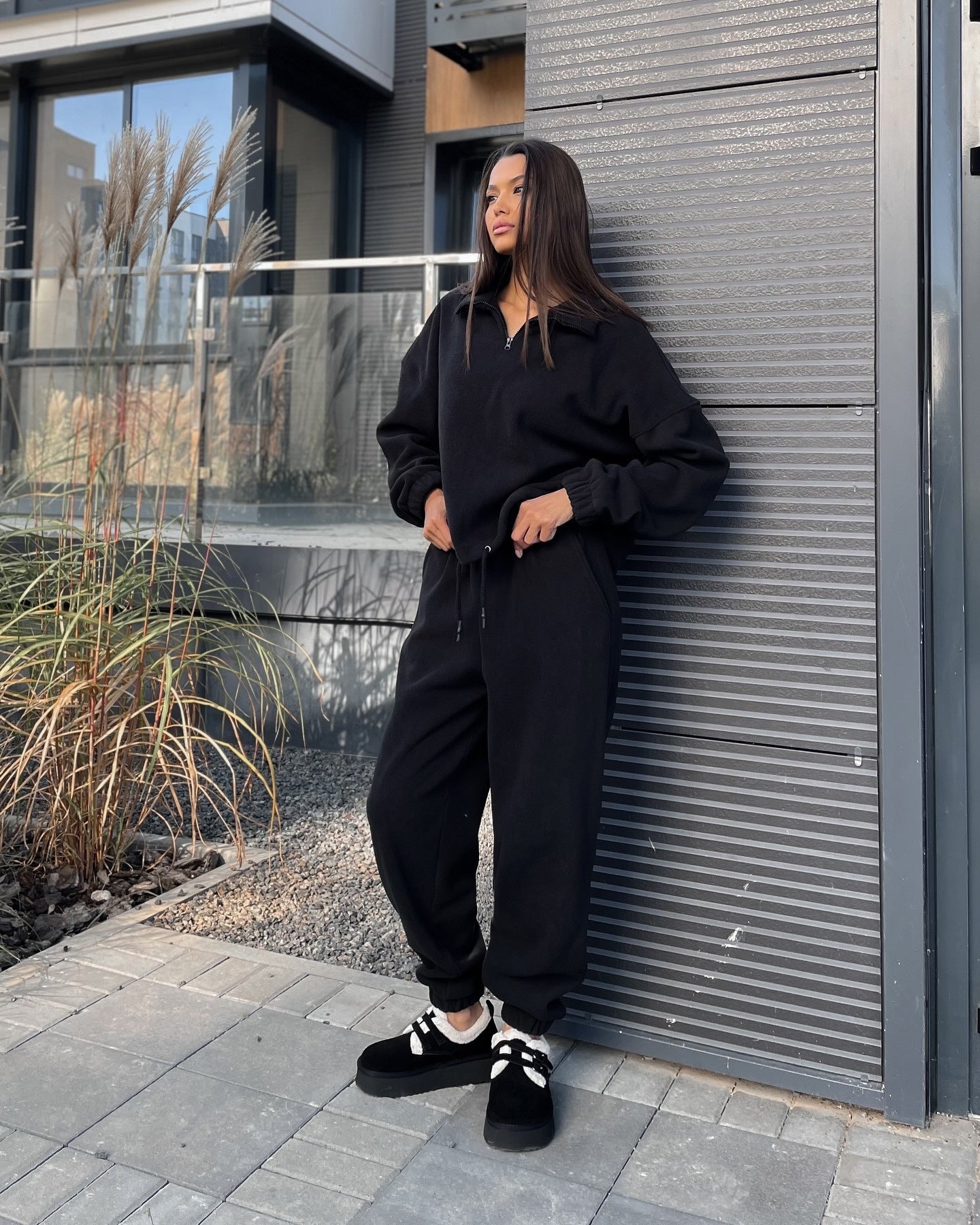 Damen Fleece Trainingsanzug Elastisch Halbzippverschluss
