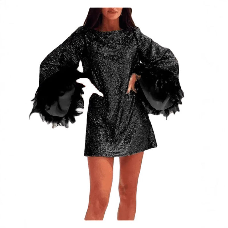 Damen Minikleid Pailletten Federn Eveloria