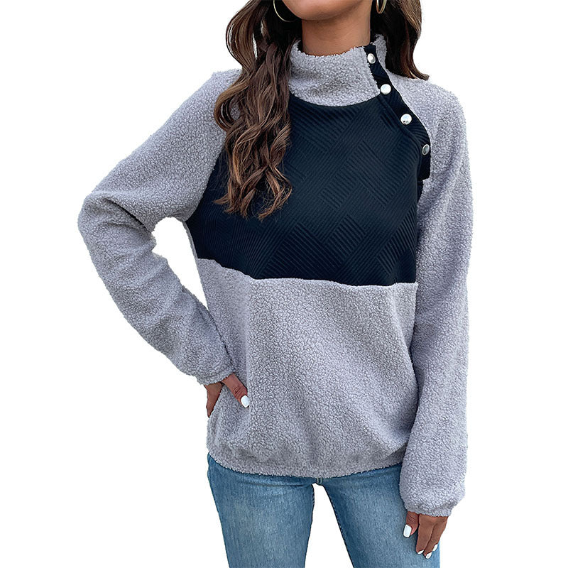Damen Stehkragenpullover Strukturiertes Design Knopfdetail Eveloria