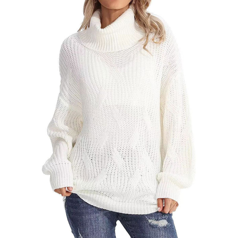 Damen Strickpullover Hochkragen Strukturmaschen Optik