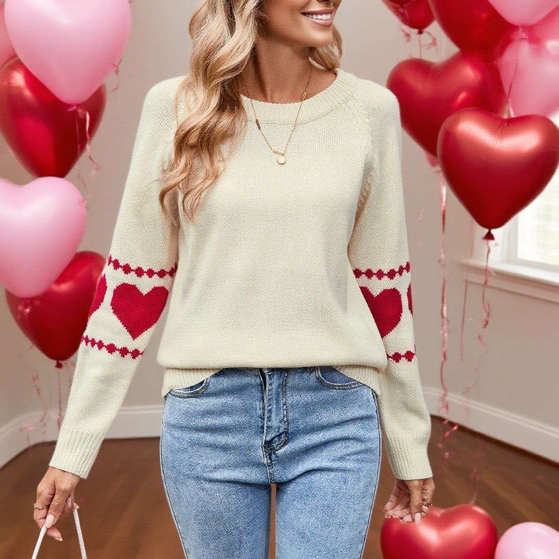 Damen Strickpullover Herzmotiv Farbenfroh Eveloria