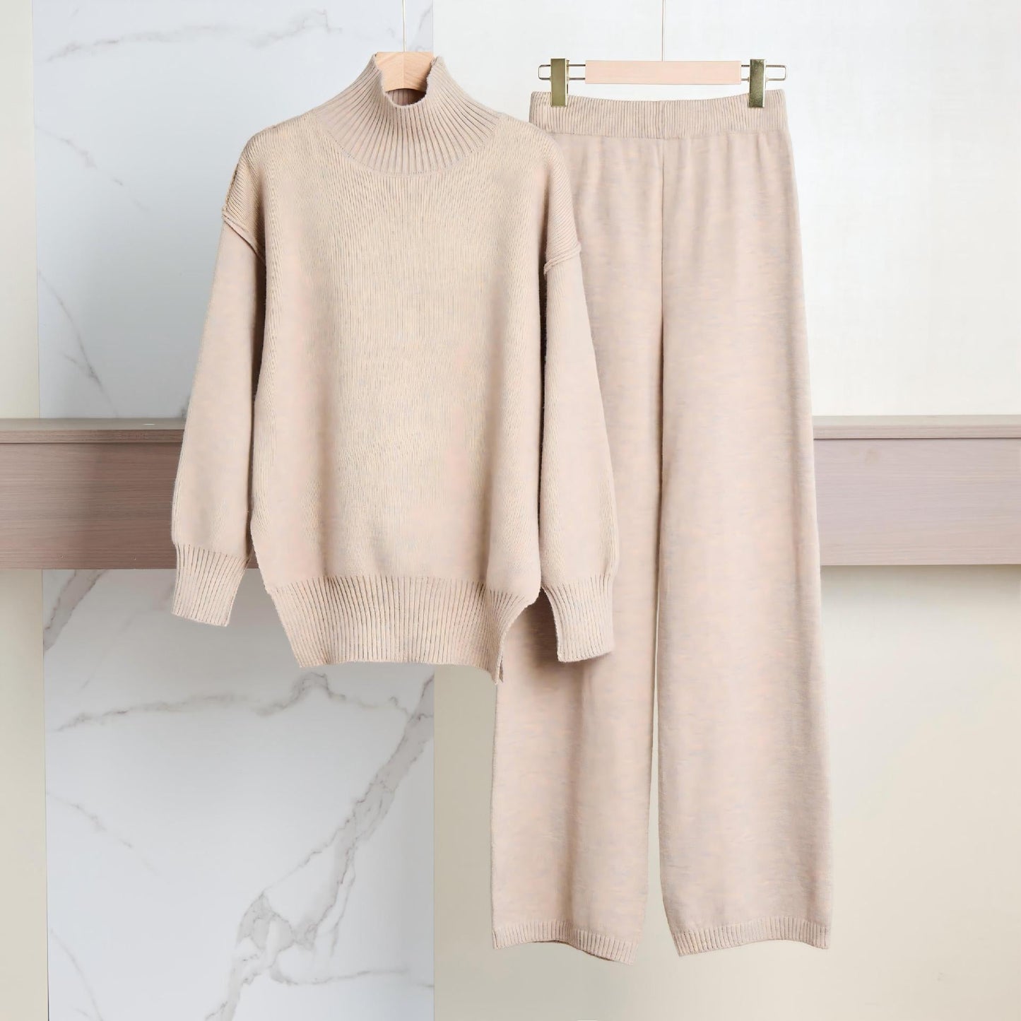 Damen Strickpullover Set Hochkragen Weit Schnitt Eveloria
